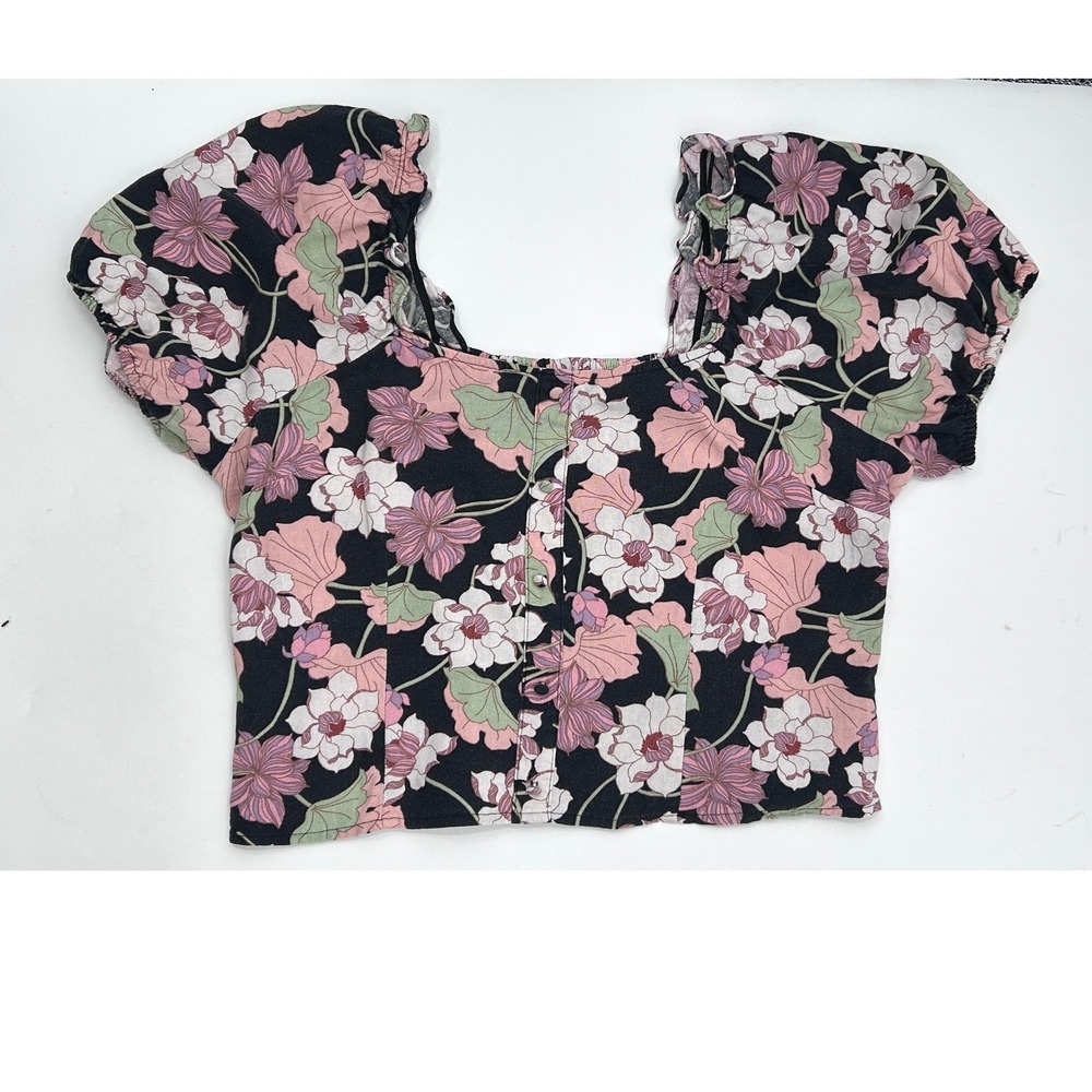 Who What Wear Womens Large Floral Linen Blend Puff Sleeve Smocked Crop Top Black - Picture 2 of 7